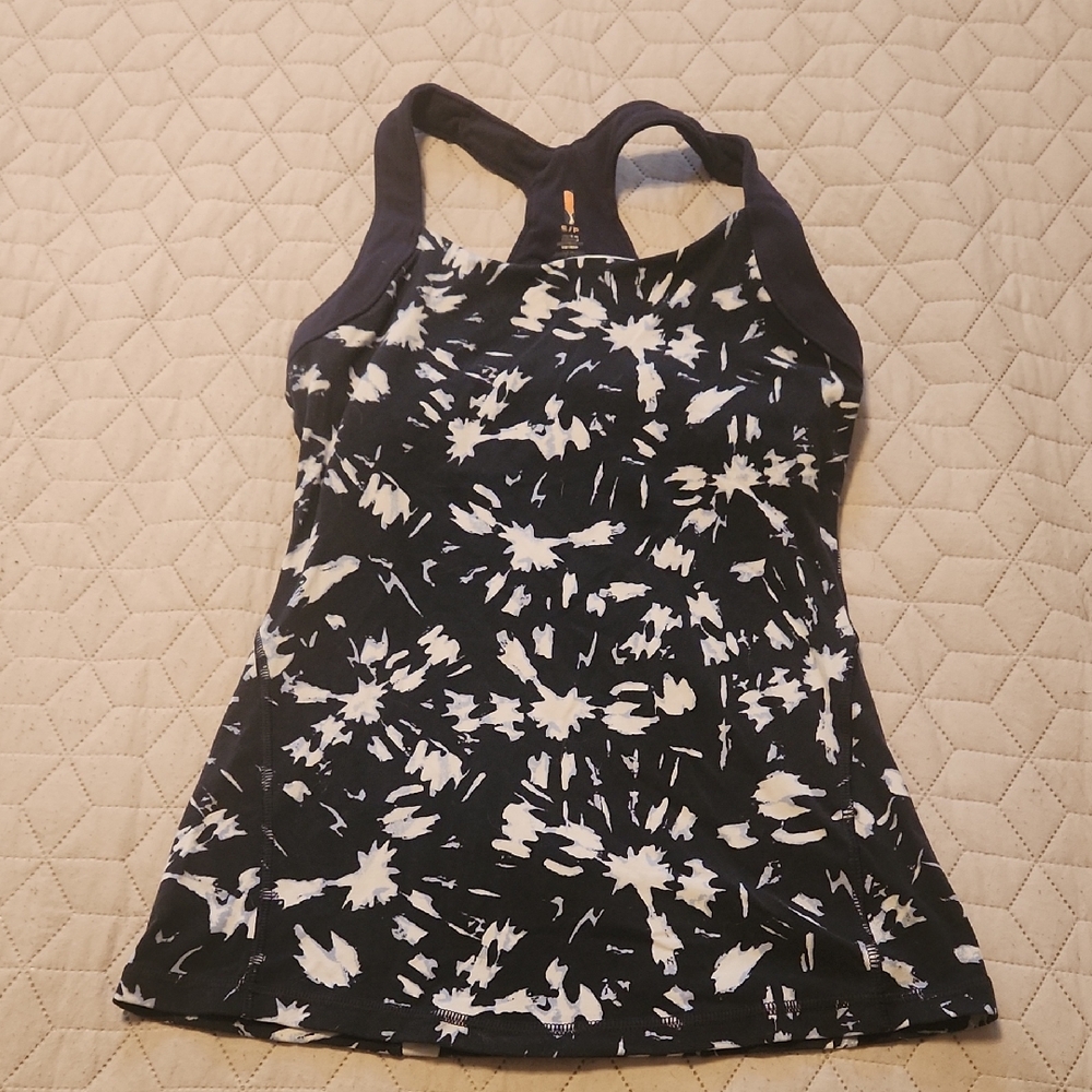 LUCY power navy+white long yoga tank S Abstract print racerback compression top